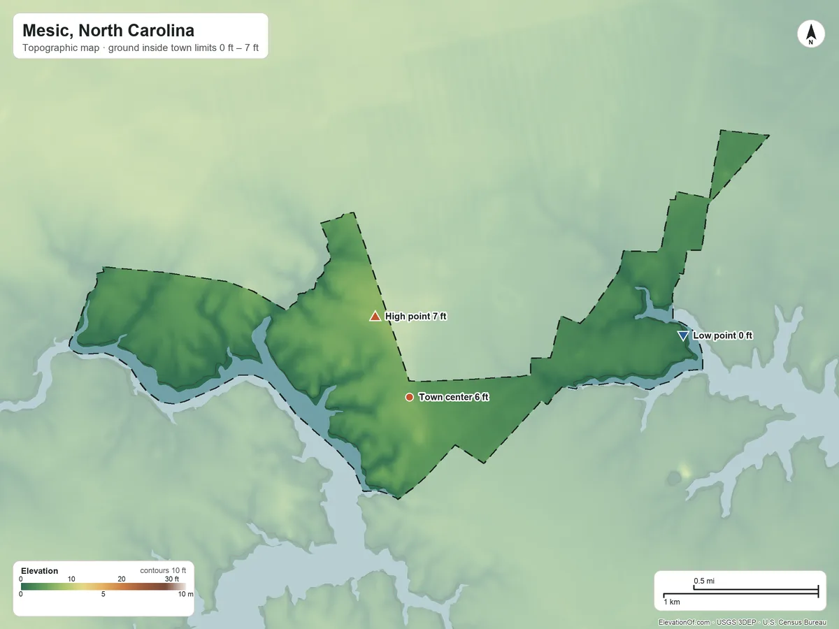 Topographic elevation map of Mesic, North Carolina, shaded from 0 ft on the east side to 7 ft on the northwest side