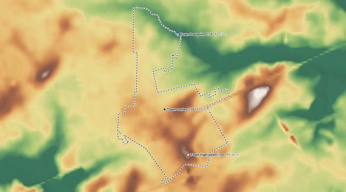 Topographic elevation map of Micro, North Carolina, shaded from 170 ft on the north side to 200 ft on the southeast side