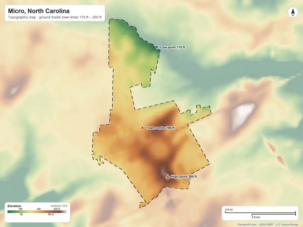 Topographic elevation map of Micro, North Carolina, shaded from 170 ft on the north side to 200 ft on the southeast side