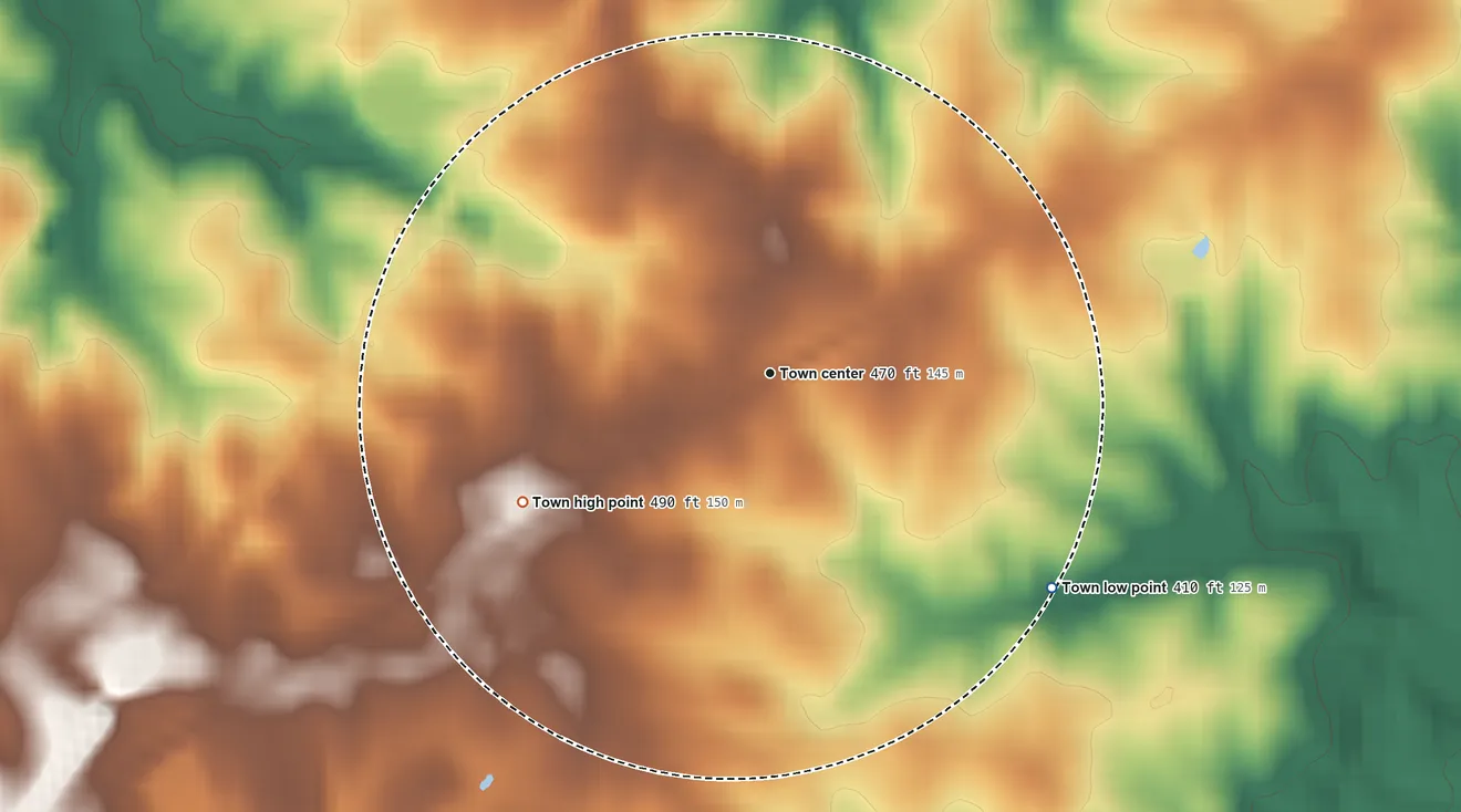 Topographic elevation map of Middleburg, North Carolina, shaded from 410 ft on the southeast side to 490 ft on the southwest side