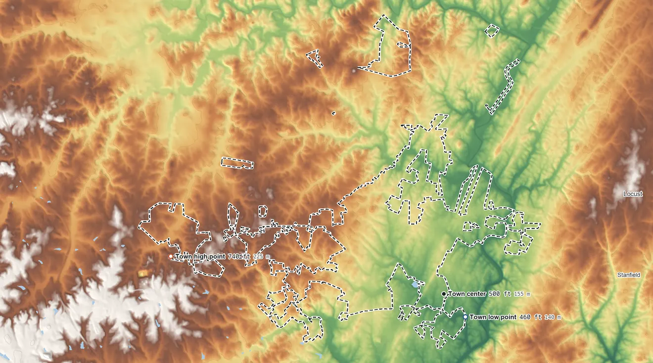 Topographic elevation map of Midland, North Carolina, shaded from 460 ft near the middle to 740 ft on the west side