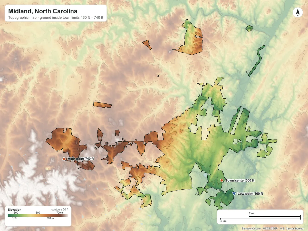 Topographic elevation map of Midland, North Carolina, shaded from 460 ft near the middle to 740 ft on the west side
