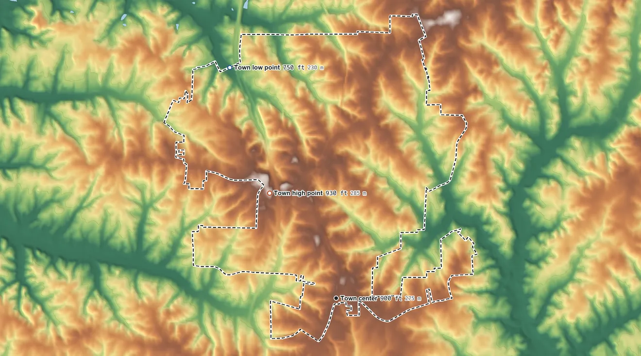 Topographic elevation map of Midway, North Carolina, shaded from 750 ft on the northwest side to 930 ft on the northwest side