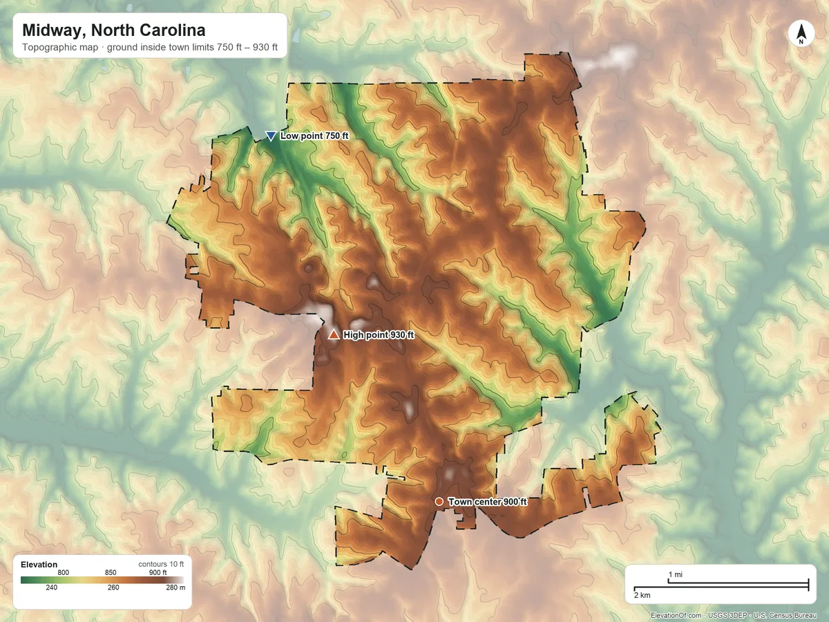 Topographic elevation map of Midway, North Carolina, shaded from 750 ft on the northwest side to 930 ft on the northwest side
