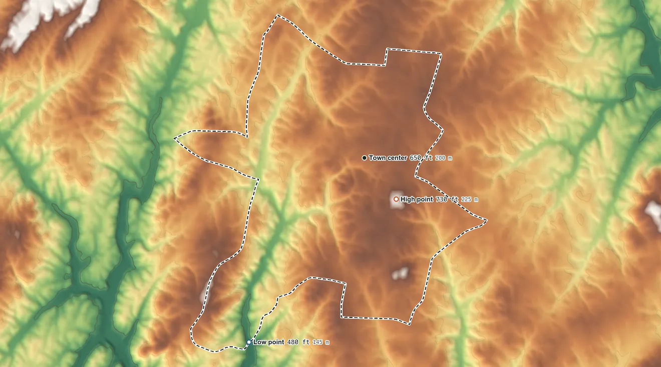 Topographic elevation map of Millingport, North Carolina, shaded from 480 ft on the southwest side to 730 ft on the southeast side