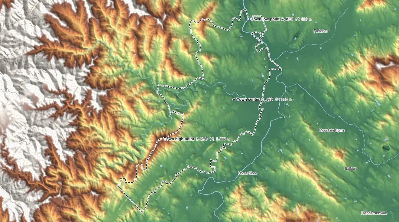 Topographic elevation map of Mills River, North Carolina, shaded from 2,030 ft on the north side to 3,270 ft on Forge Mountain