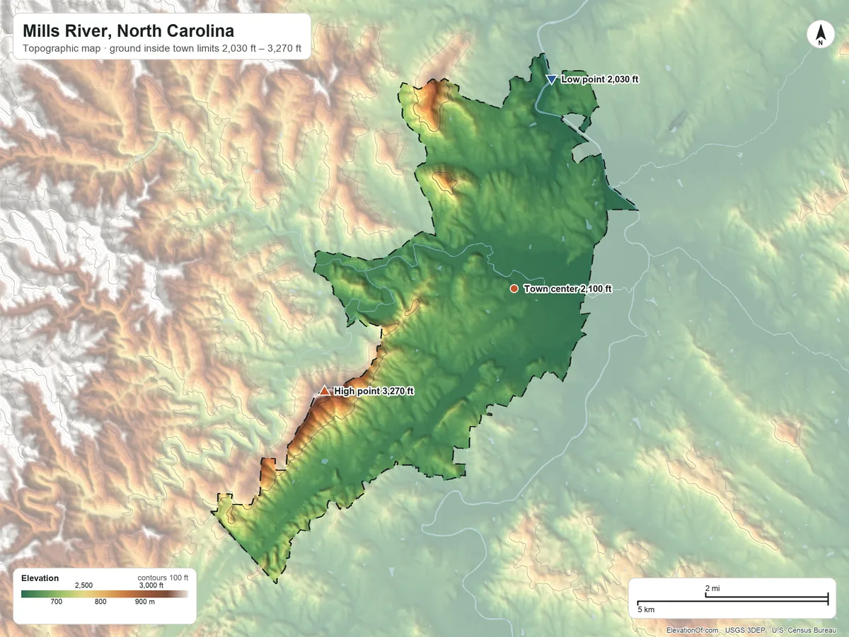 Topographic elevation map of Mills River, North Carolina, shaded from 2,030 ft on the north side to 3,270 ft on Forge Mountain