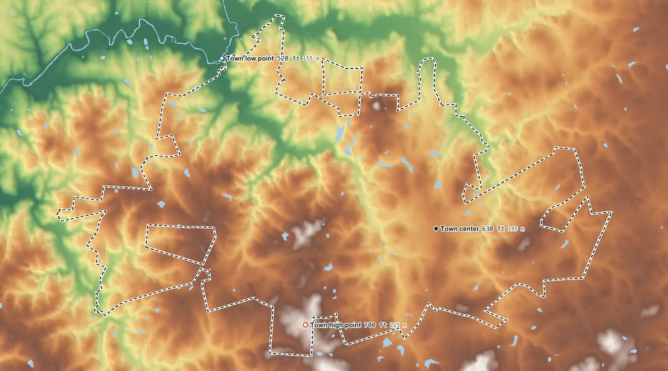 Topographic elevation map of Mineral Springs, North Carolina, shaded from 520 ft on the northwest side to 700 ft on the southwest side