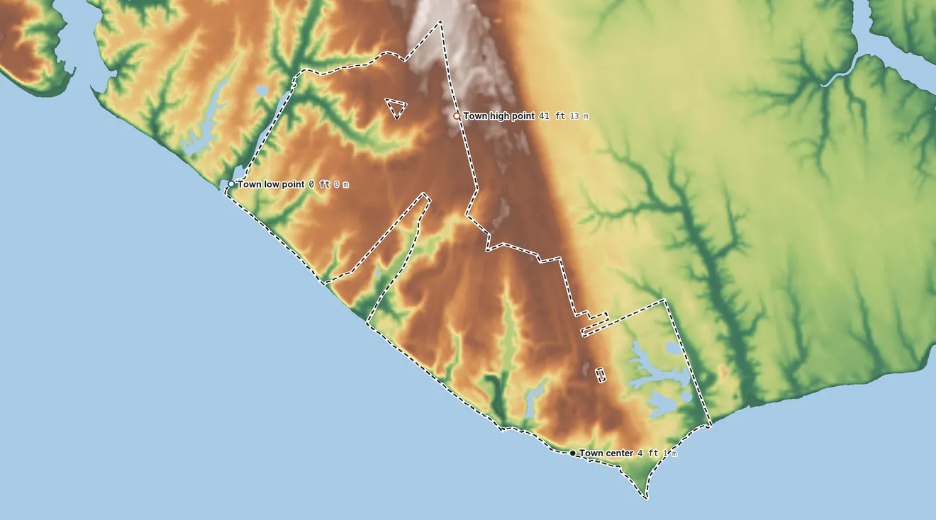 Topographic elevation map of Minnesott Beach, North Carolina, shaded from 0 ft on the northwest side to 41 ft on the north side