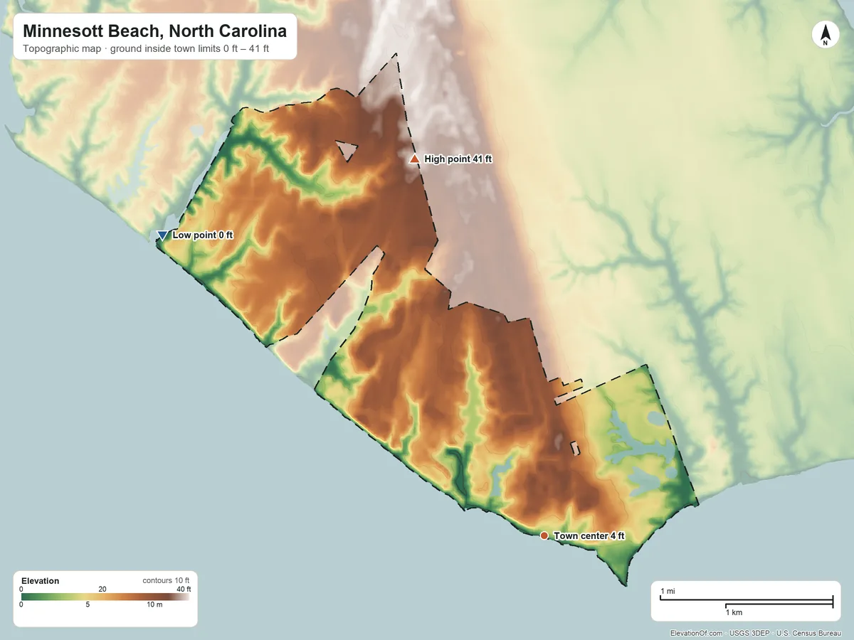 Topographic elevation map of Minnesott Beach, North Carolina, shaded from 0 ft on the northwest side to 41 ft on the north side