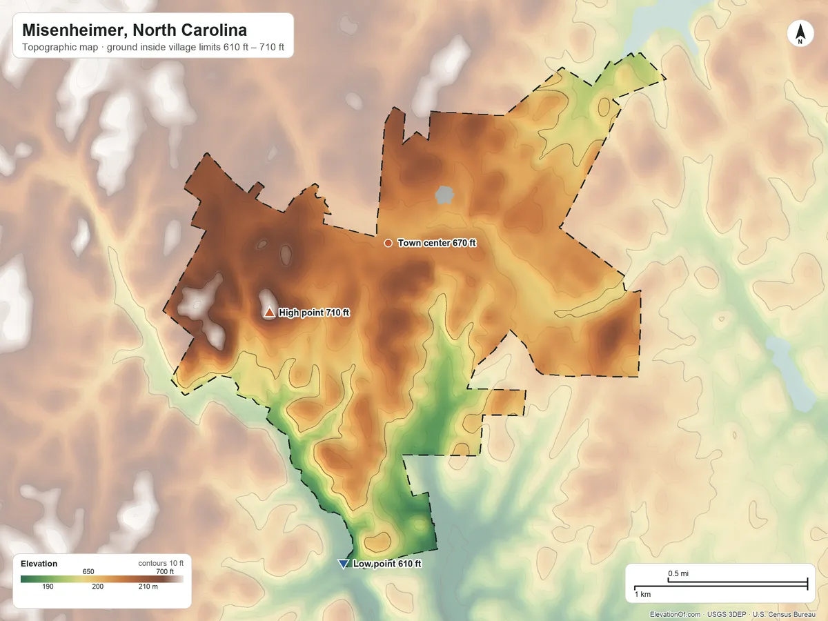 Topographic elevation map of Misenheimer, North Carolina, shaded from 610 ft on the south side to 710 ft on the southwest side