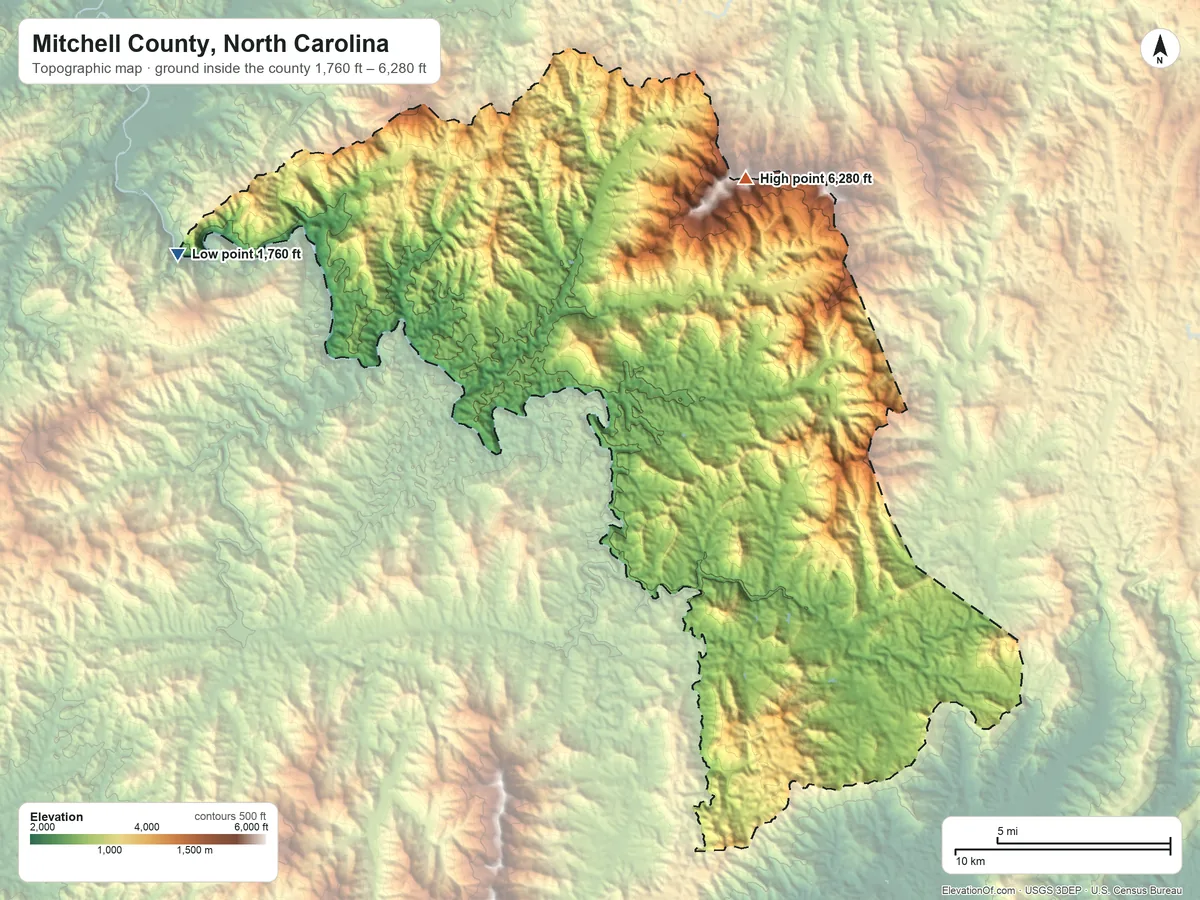 Topographic elevation map of Mitchell County, North Carolina, shaded from 1,760 ft on the northwest side to 6,280 ft on Roan Mountain