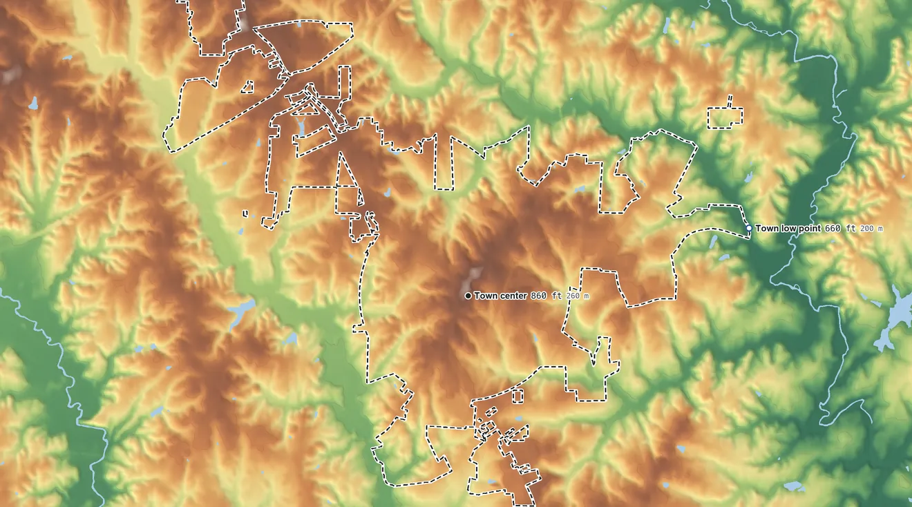 Topographic elevation map of Mocksville, North Carolina, shaded from 660 ft on the east side to 890 ft on the northwest side