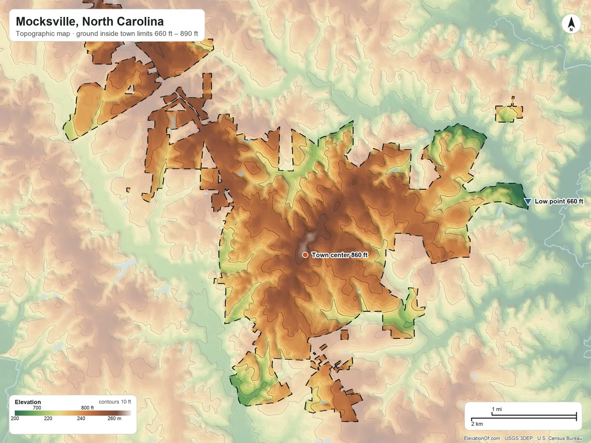 Topographic elevation map of Mocksville, North Carolina, shaded from 660 ft on the east side to 890 ft on the northwest side