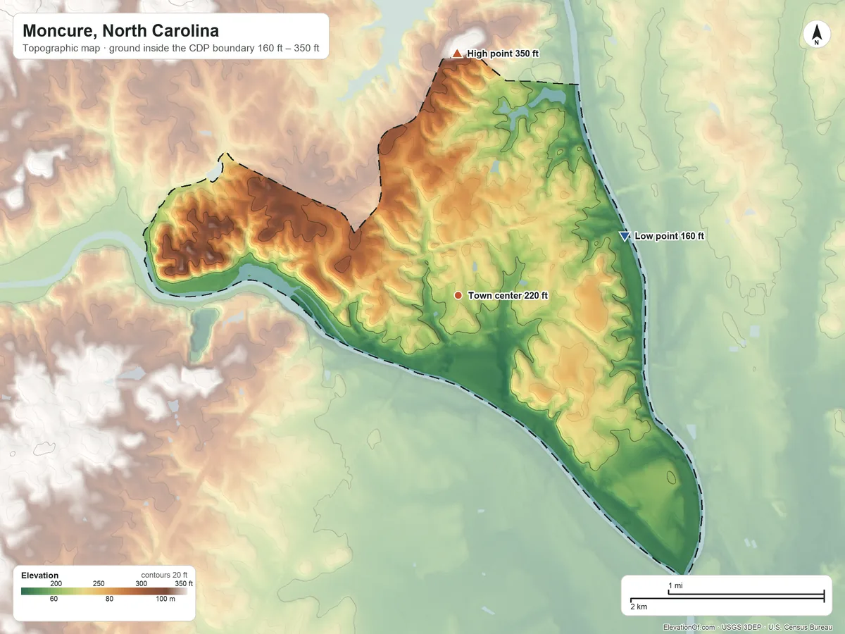 Topographic elevation map of Moncure, North Carolina, shaded from 160 ft on the east side to 350 ft on the north side
