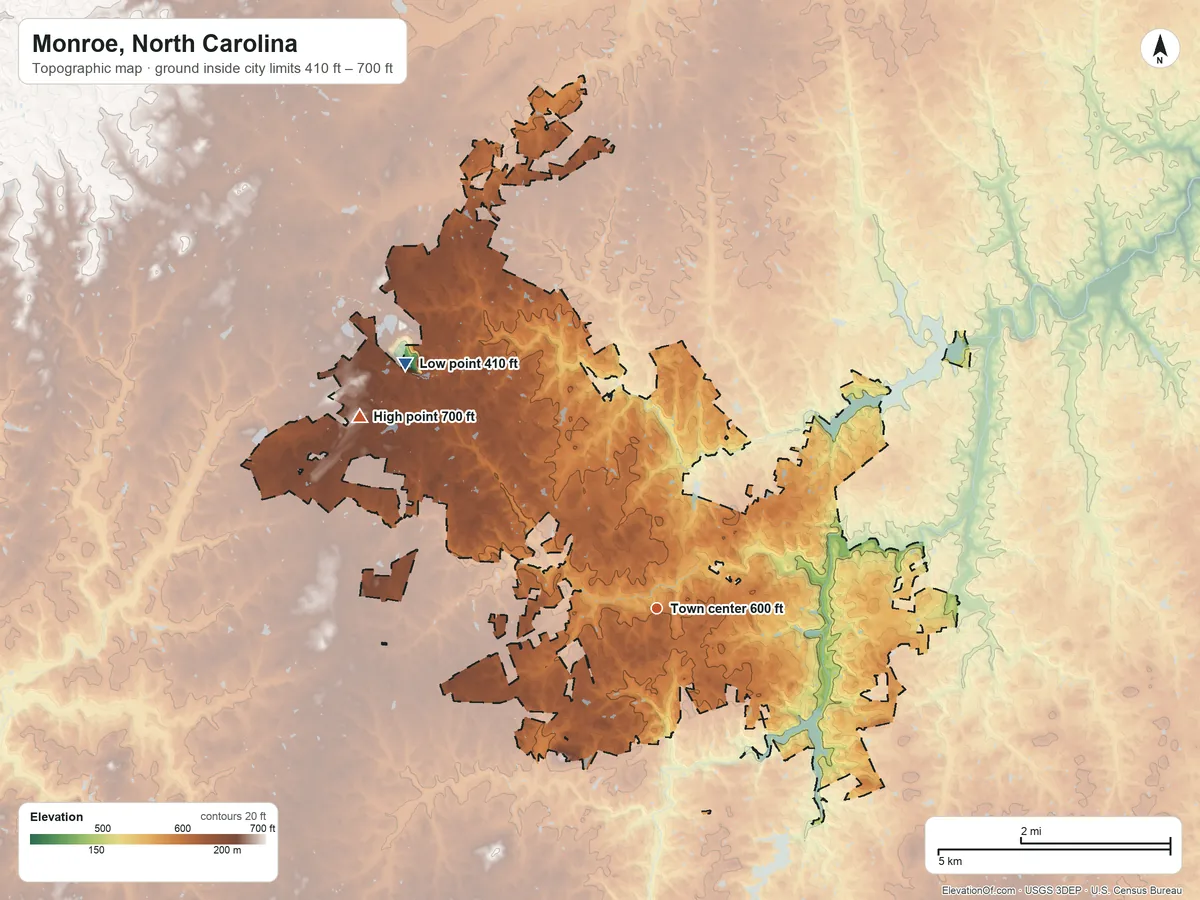 Topographic elevation map of Monroe, North Carolina, shaded from 410 ft on the northwest side to 700 ft on the northwest side