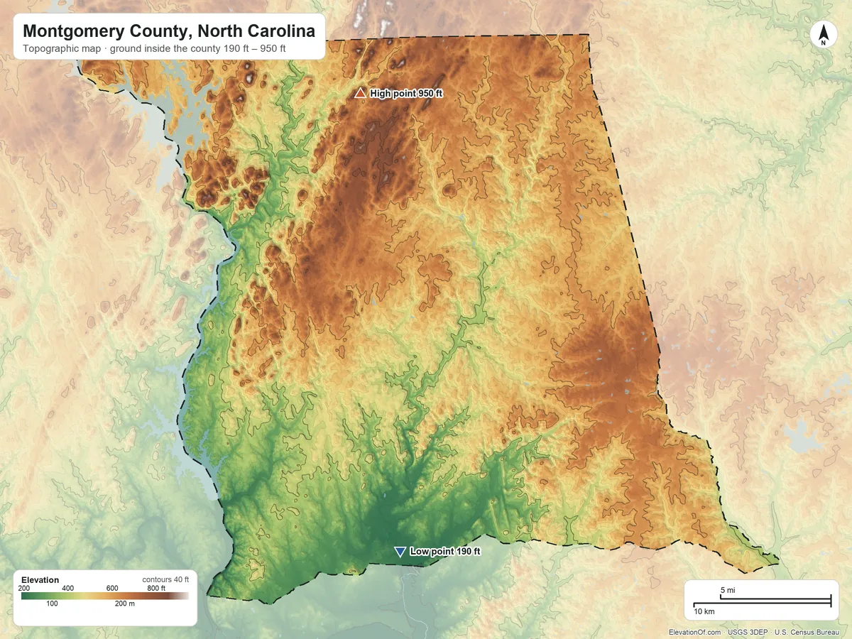Topographic elevation map of Montgomery County, North Carolina, shaded from 190 ft on the south side to 950 ft on Dark Mountain