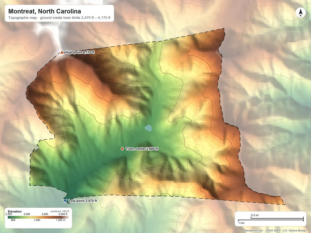 Topographic elevation map of Montreat, North Carolina, shaded from 2,470 ft on the southwest side to 4,170 ft on the northwest edge, below higher ground just outside