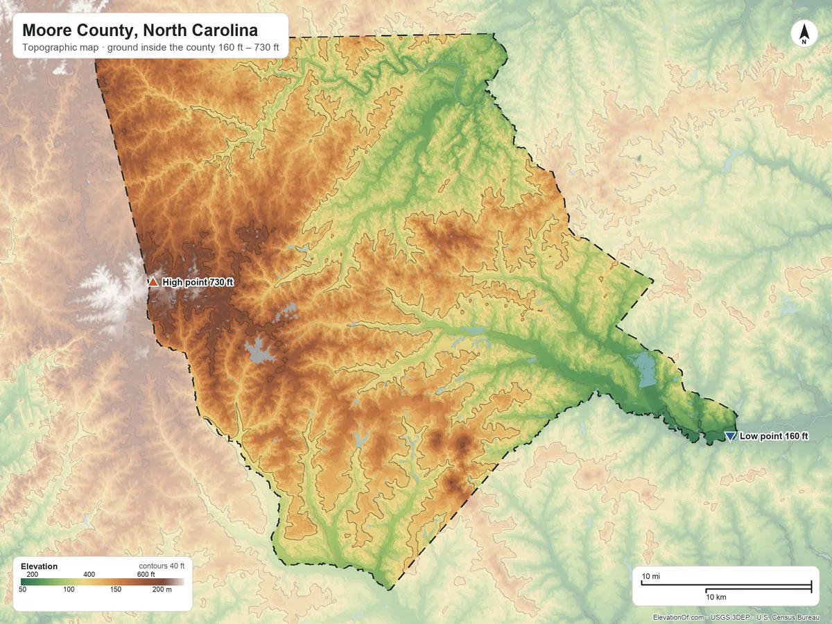 Topographic elevation map of Moore County, North Carolina, shaded from 160 ft on the east side to 730 ft on the west side