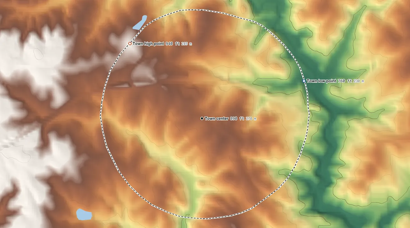 Topographic elevation map of Mooresboro, North Carolina, shaded from 760 ft on the east side to 940 ft on the northwest side