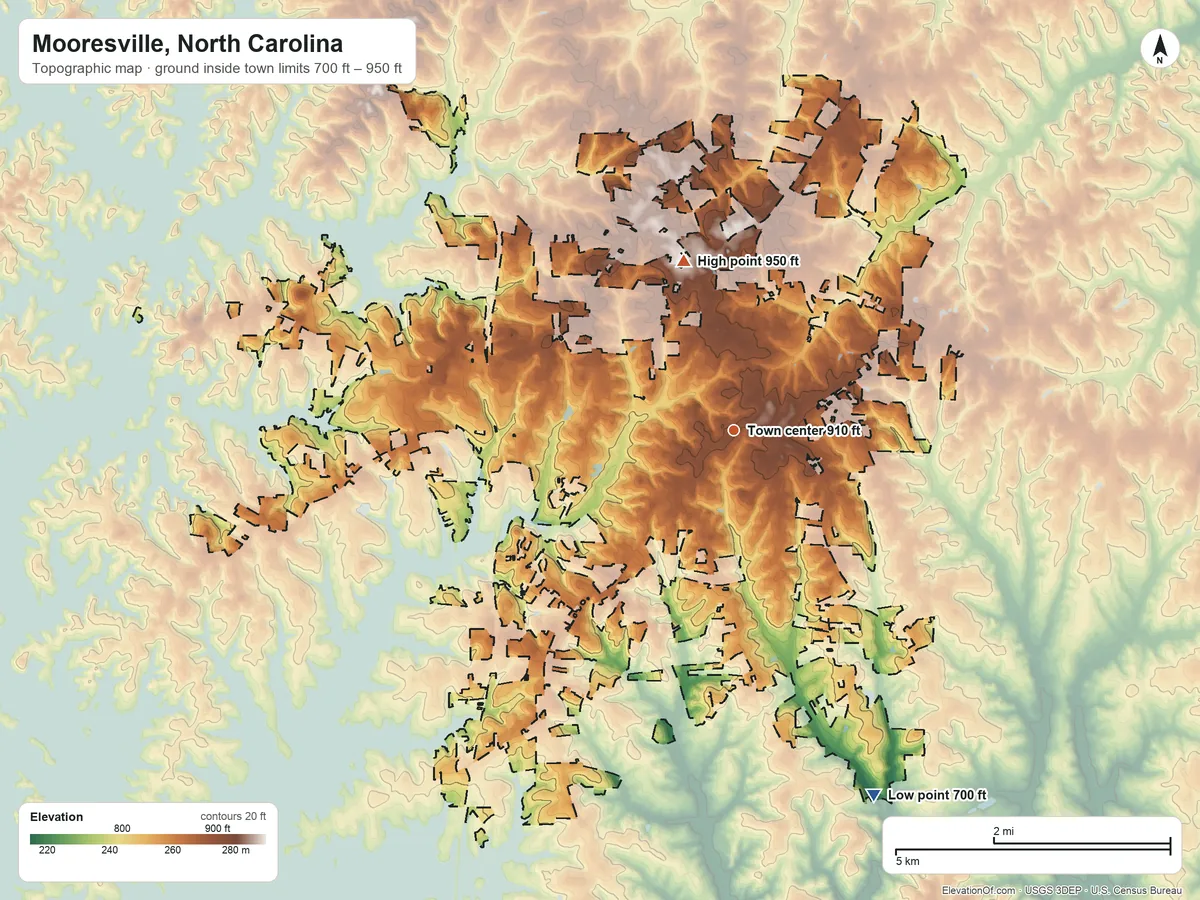 Topographic elevation map of Mooresville, North Carolina, shaded from 700 ft on the south side to 950 ft on the north side