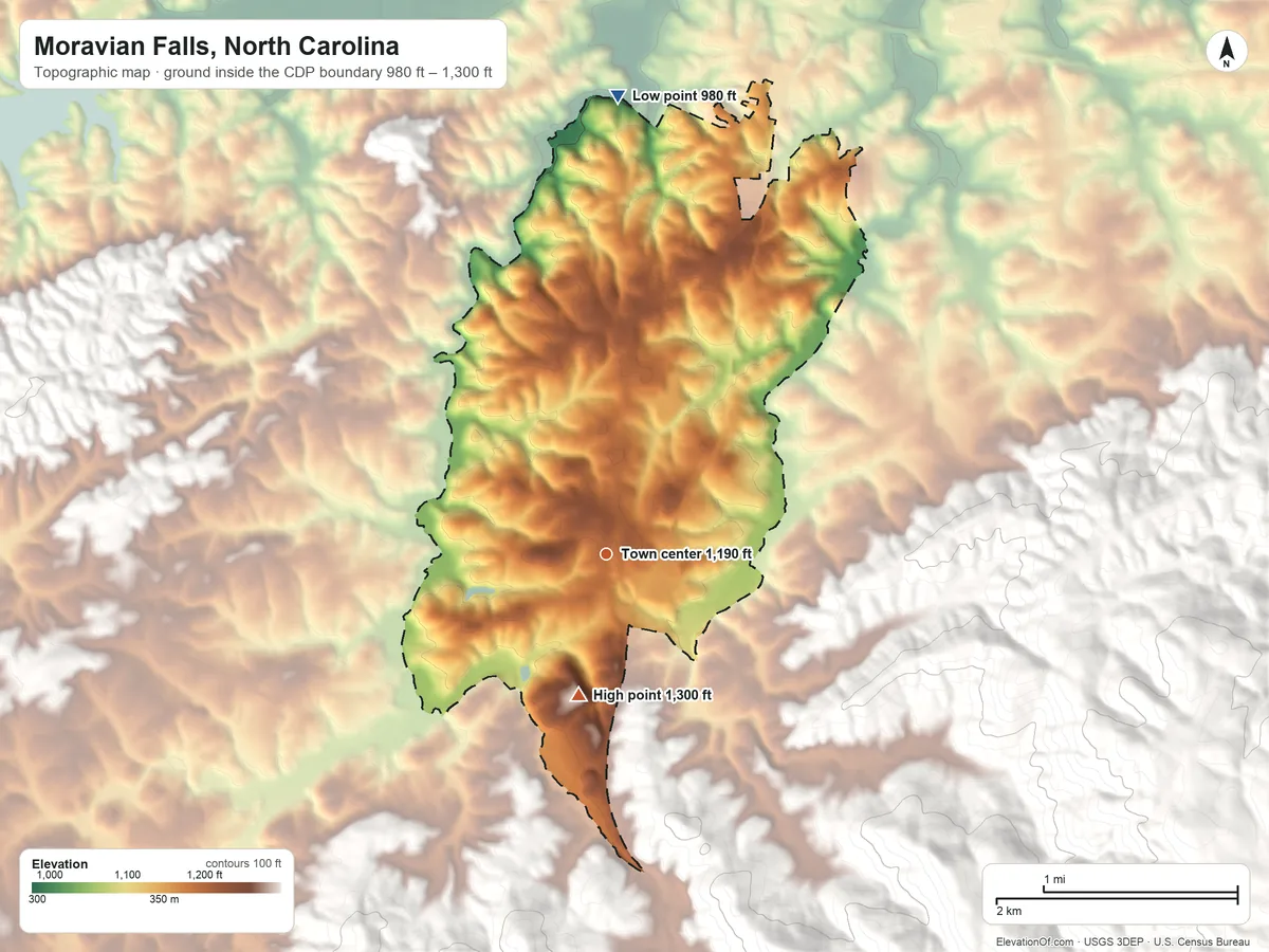 Topographic elevation map of Moravian Falls, North Carolina, shaded from 980 ft on the north side to 1,300 ft at the foot of the Brushy Mountains
