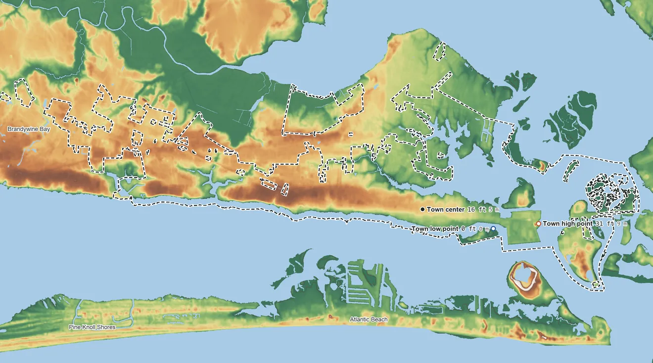 Topographic elevation map of Morehead City, North Carolina, shaded from sea level level on the Newport River to 31 ft on the east side