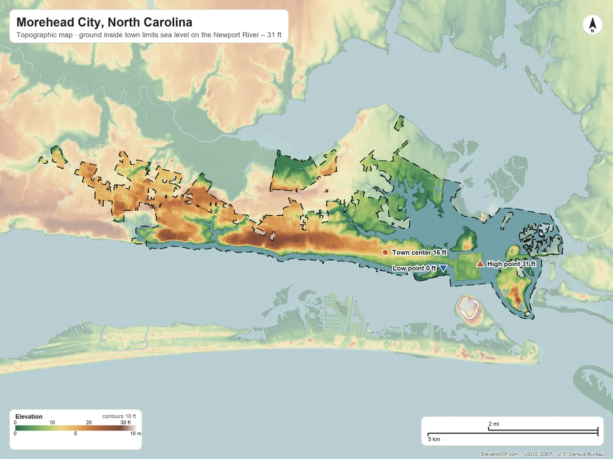 Topographic elevation map of Morehead City, North Carolina, shaded from sea level level on the Newport River to 31 ft on the east side