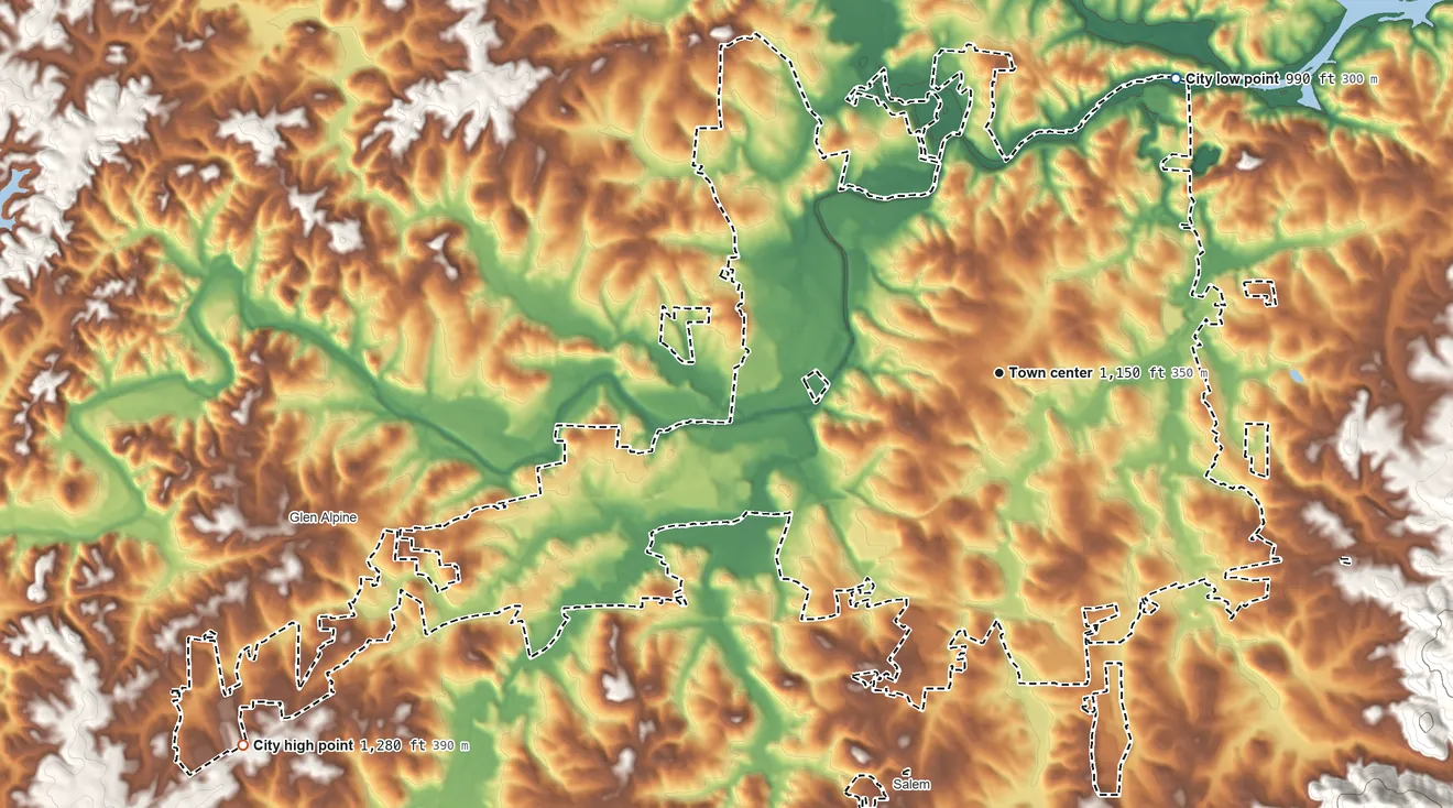 Topographic elevation map of Morganton, North Carolina, shaded from 990 ft on the northeast side to 1,280 ft on the southwest side