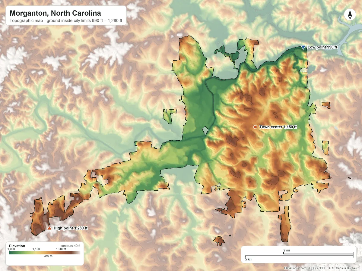 Topographic elevation map of Morganton, North Carolina, shaded from 990 ft on the northeast side to 1,280 ft on the southwest side