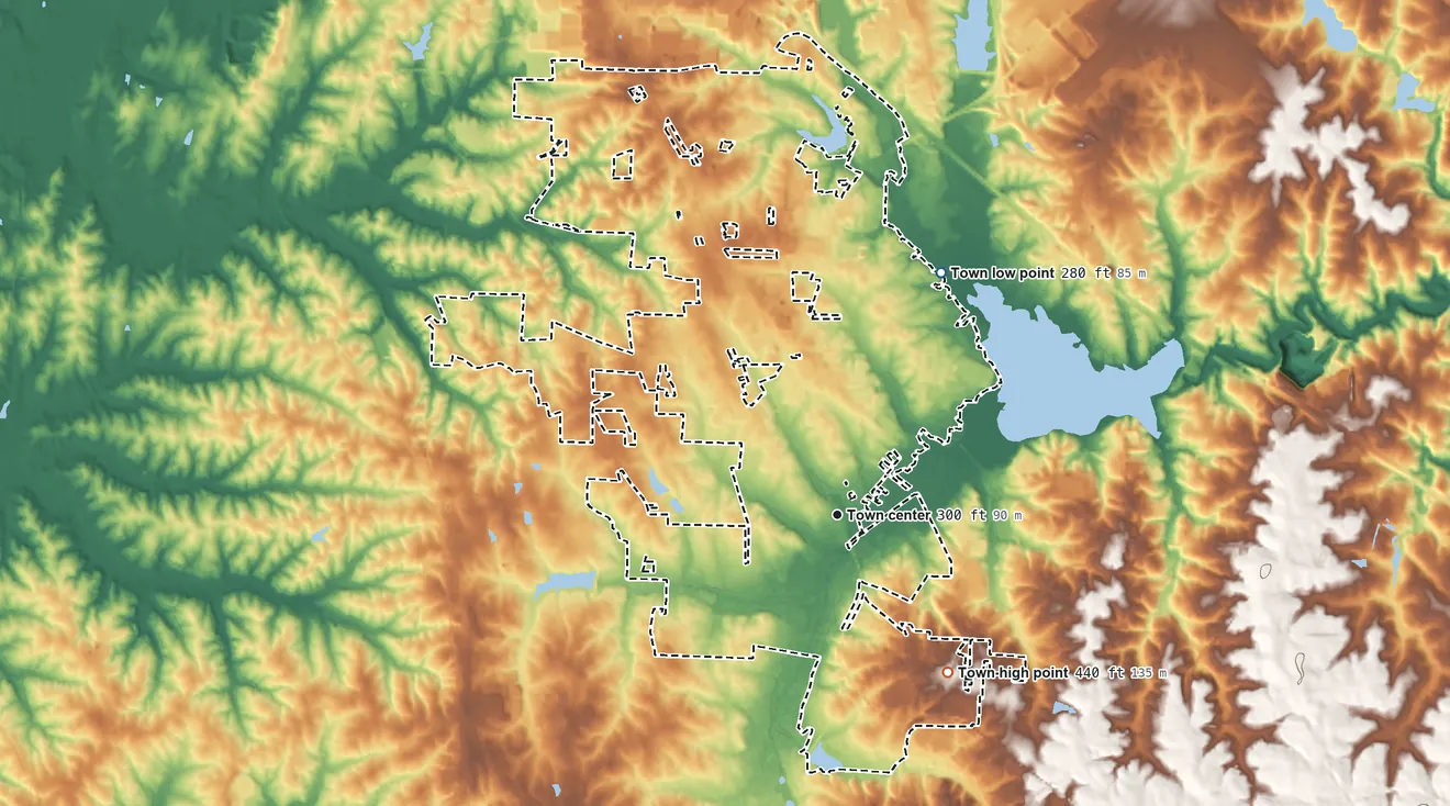 Topographic elevation map of Morrisville, North Carolina, shaded from 280 ft on the northeast side to 440 ft on the southeast side