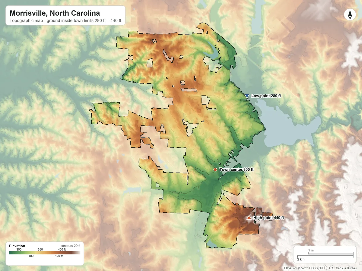 Topographic elevation map of Morrisville, North Carolina, shaded from 280 ft on the northeast side to 440 ft on the southeast side