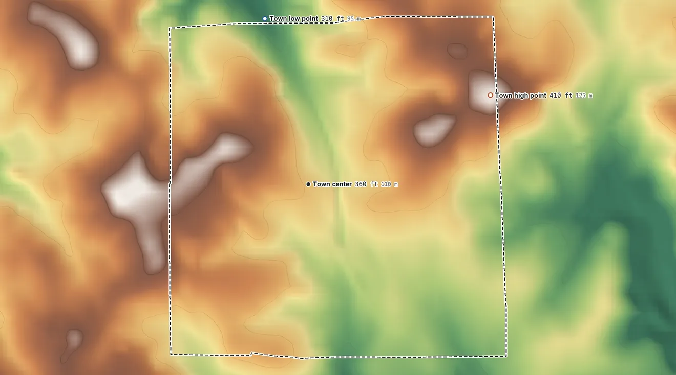 Topographic elevation map of Morven, North Carolina, shaded from 310 ft on the north side to 410 ft on the northeast side