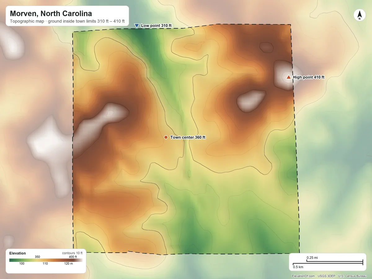 Topographic elevation map of Morven, North Carolina, shaded from 310 ft on the north side to 410 ft on the northeast side