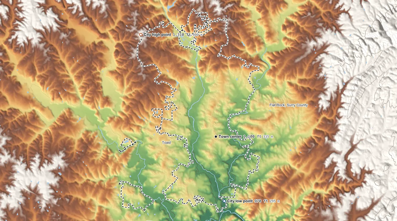 Topographic elevation map of Mount Airy, North Carolina, shaded from 970 ft on the south side to 1,310 ft on the northwest side