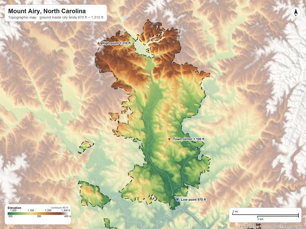 Topographic elevation map of Mount Airy, North Carolina, shaded from 970 ft on the south side to 1,310 ft on the northwest side