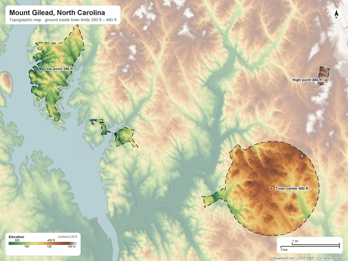Topographic elevation map of Mount Gilead, North Carolina, shaded from 280 ft on the northwest side to 480 ft on the northeast side