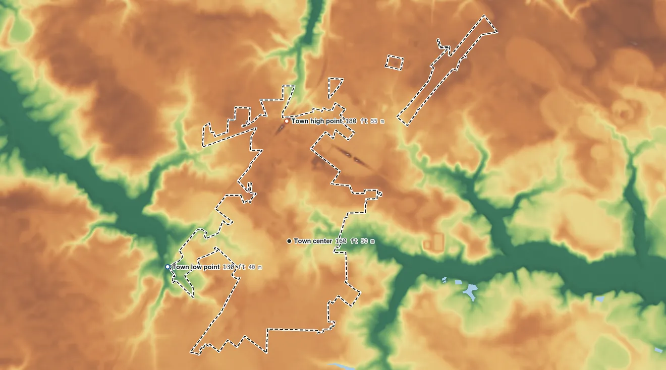 Topographic elevation map of Mount Olive, North Carolina, shaded from 130 ft on the west side to 180 ft on the north side