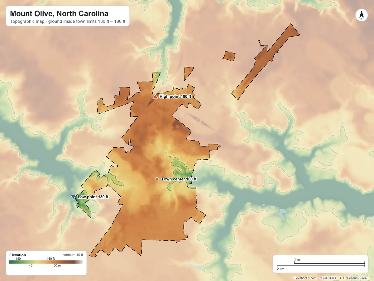 Topographic elevation map of Mount Olive, North Carolina, shaded from 130 ft on the west side to 180 ft on the north side
