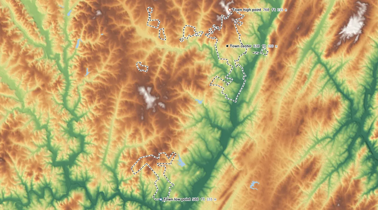 Topographic elevation map of Mount Pleasant, North Carolina, shaded from 500 ft on the southwest side to 760 ft on the north side