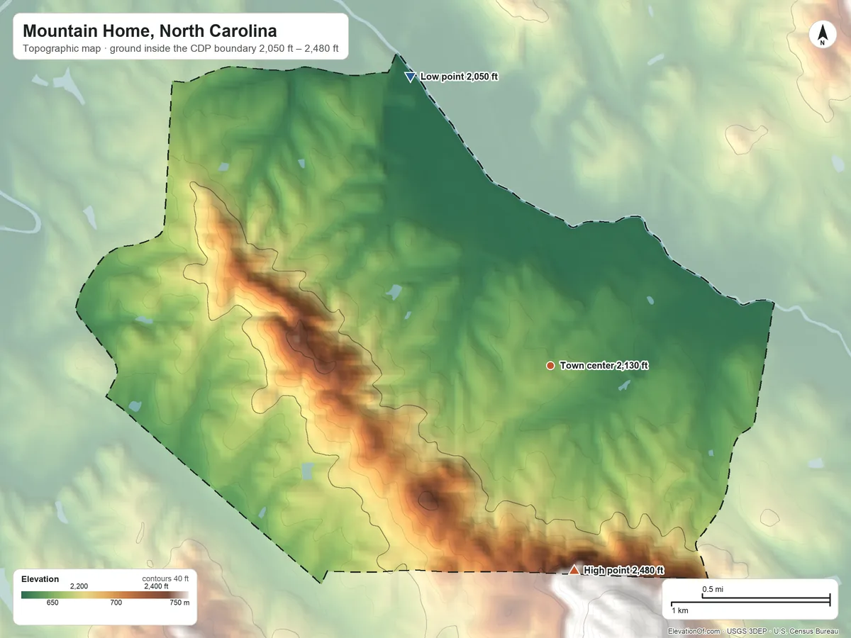 Topographic elevation map of Mountain Home, North Carolina, shaded from 2,050 ft on the northwest side to 2,480 ft on the south side