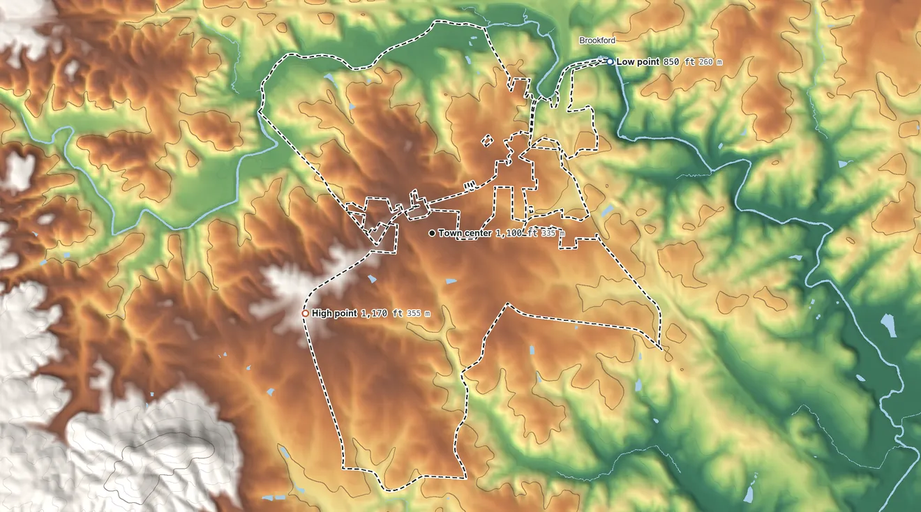Topographic elevation map of Mountain View, North Carolina, shaded from 850 ft on the northeast side to 1,170 ft at the foot of the Montague Hills