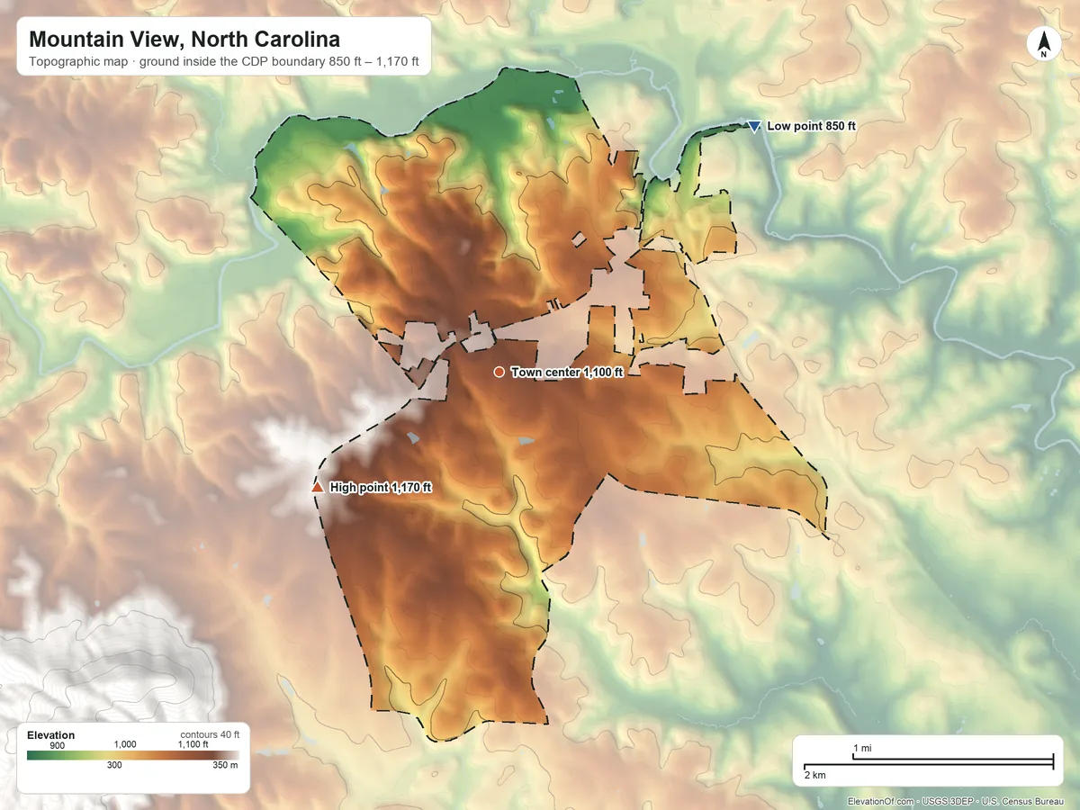 Topographic elevation map of Mountain View, North Carolina, shaded from 850 ft on the northeast side to 1,170 ft at the foot of the Montague Hills
