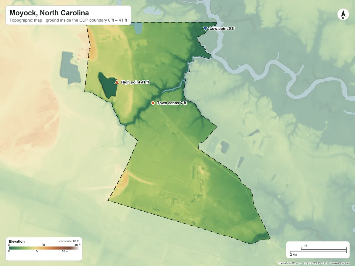 Topographic elevation map of Moyock, North Carolina, shaded from 0 ft on the northeast side to 41 ft on the northwest side