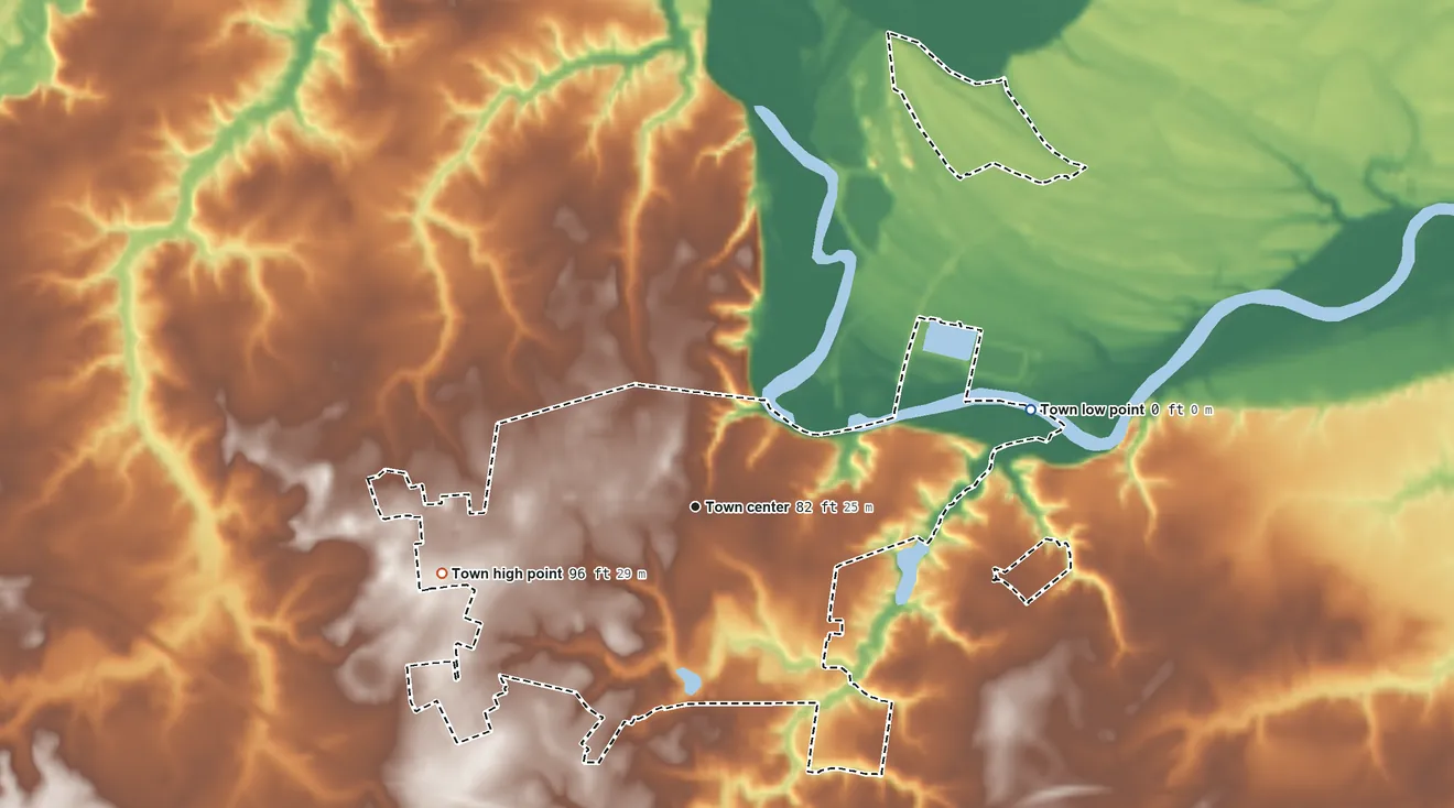 Topographic elevation map of Murfreesboro, North Carolina, shaded from 0 ft on the east side to 96 ft on the west side