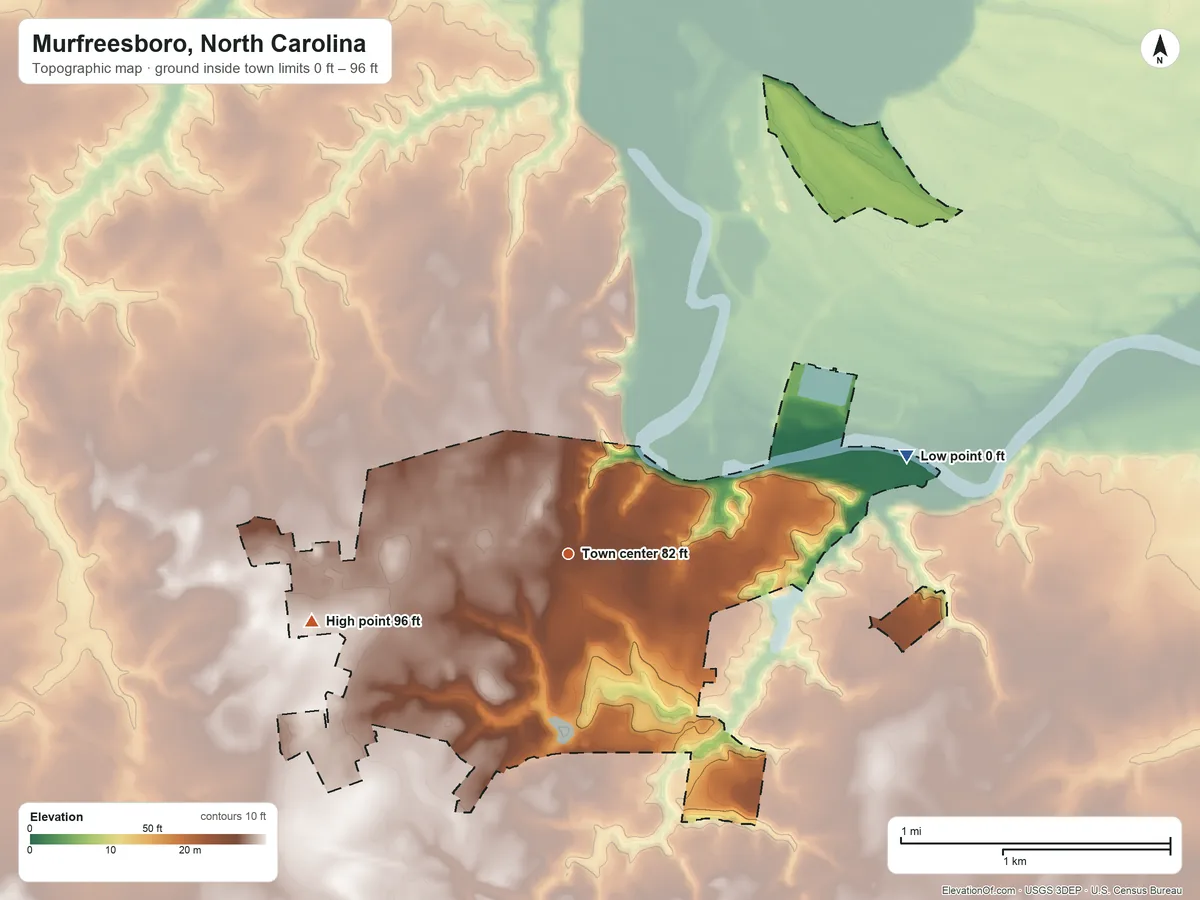 Topographic elevation map of Murfreesboro, North Carolina, shaded from 0 ft on the east side to 96 ft on the west side
