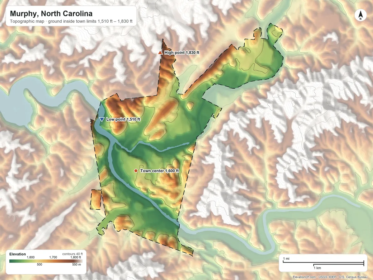 Topographic elevation map of Murphy, North Carolina, shaded from 1,510 ft on the northwest side to 1,830 ft at the foot of the Unicoi Mountains