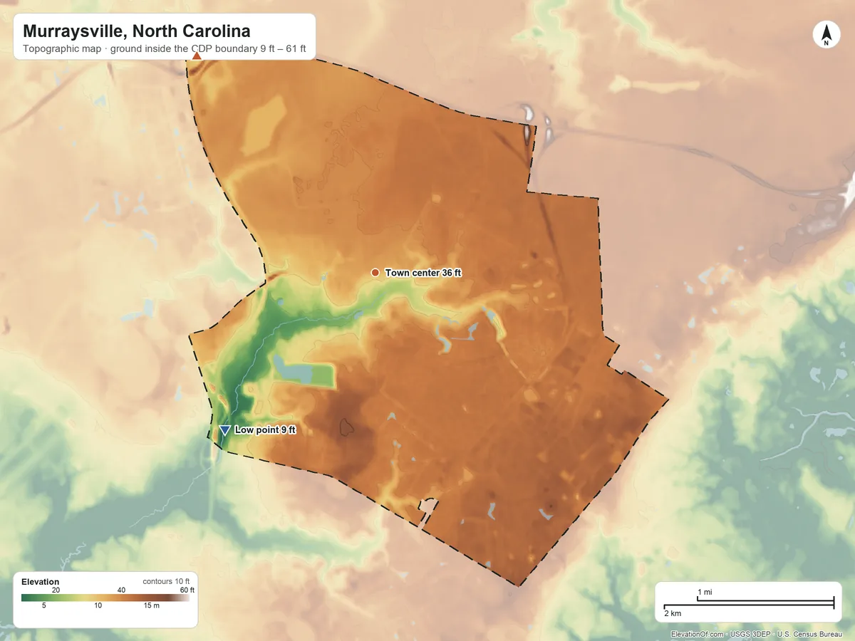 Topographic elevation map of Murraysville, North Carolina, shaded from 9 ft on the southwest side to 61 ft on the northwest side