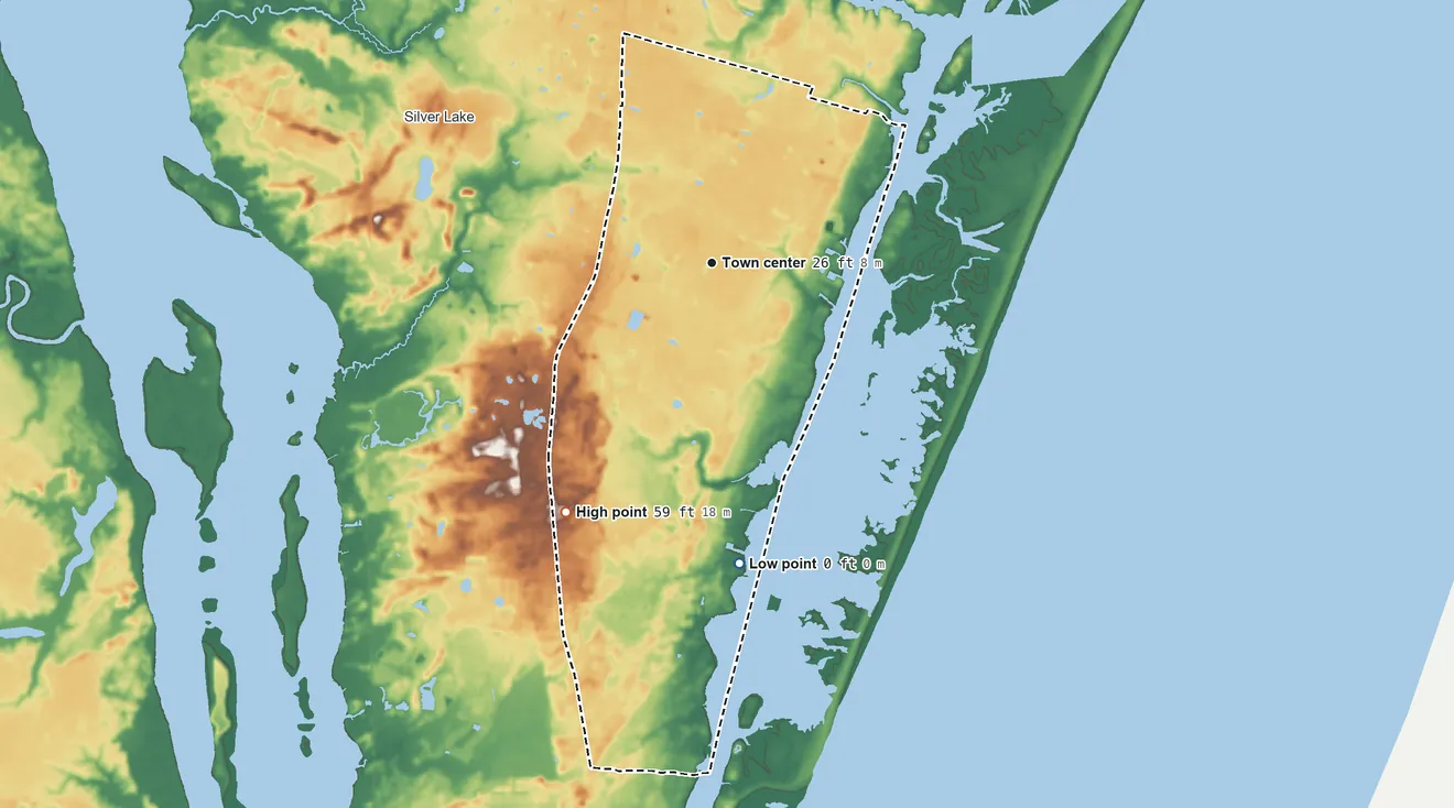 Topographic elevation map of Myrtle Grove, North Carolina, shaded from sea level level on Myrtle Grove Sound to 59 ft on the southwest side