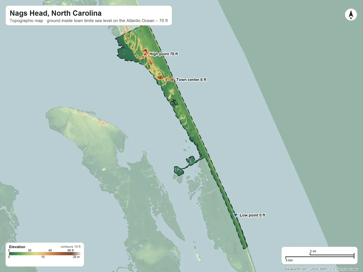 Topographic elevation map of Nags Head, North Carolina, shaded from sea level level on the Atlantic Ocean to 70 ft on the northwest side